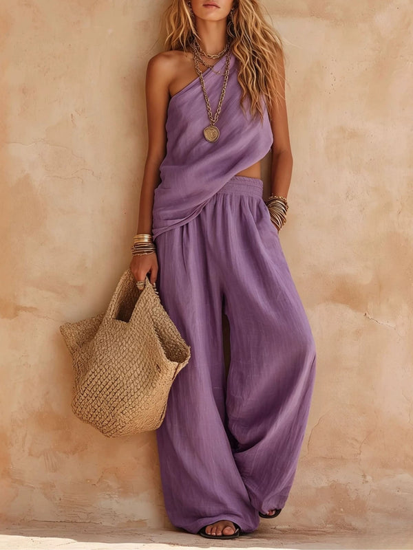 Conjunto casual rosa: top asimétrico sin mangas y pantalón